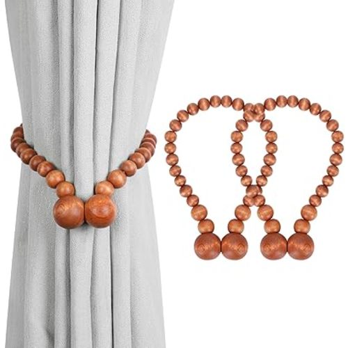 Magnetic Curtain Tiebacks, Curtain Tie Backs for Curtains 2 Pack, Wood Bead Curtain Tiebacks, Curtain Holders for Boho Bedroom Decor, Baby Nursery Decor, Farmhouse Decor