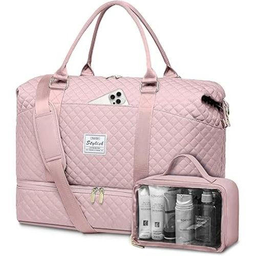 Weekender Duffle Bags for Women - Travel Duffel with Shoe Compartment, Carry On Overnight Bag, Gym Tote with Wet Pocket, Pink