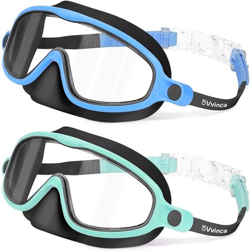 Vvinca 2 Pcs Kids-Swim-Goggles with Nose Cover, Swimming Diving Mask Wide View Anti Fog UV Anti Shattered Lens for Kids 3-6 - 04-black Blue& Black Green