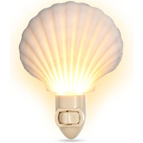 Nautical Crush Trading Seashell Night Light – Beach Night Light with White Clam – Shell Light for Bathroom – Sea Shell Lamp – Seashell Lamp Plug Into Wall