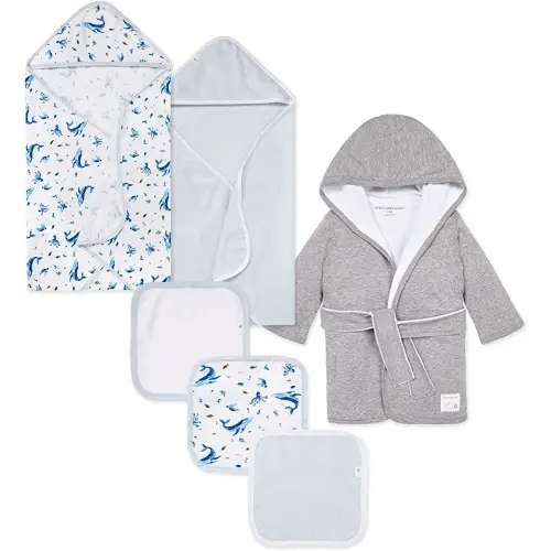 Burt's Bees Baby Bath Bundle- Hooded Towel, Washcloths & Robe Gift Set, 100% Organic Cotton