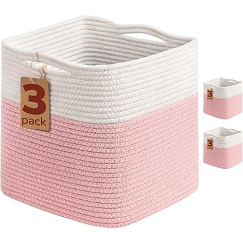 INDRESSME 11x11 Cube Storage Bins, 3-Pack Stuff Animal Storage Baskets for Gifts Pink Storage Bins for Classroom Cube Baby Nursery Basket, Closet, Small Kids Toy Basket