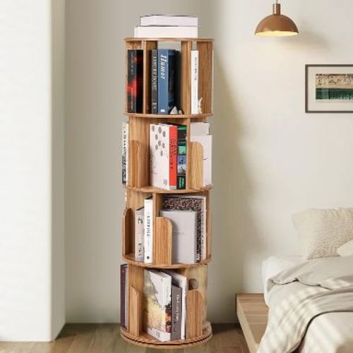 4 Tier Rotating Bookshelf,360°Compact Wood Spinning Bookcase for Small Spaces, Corner Storage Organizer for Living Room, Bedroom & Kids' Rooms
