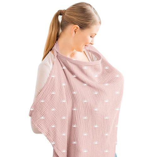 Konssy Muslin Nursing Cover for Baby Breastfeeding, Breathable 100% Cotton Breastfeeding Cover with Rigid Hoop for Mother Nursing Apron, Multi-use Carseat Canopy
