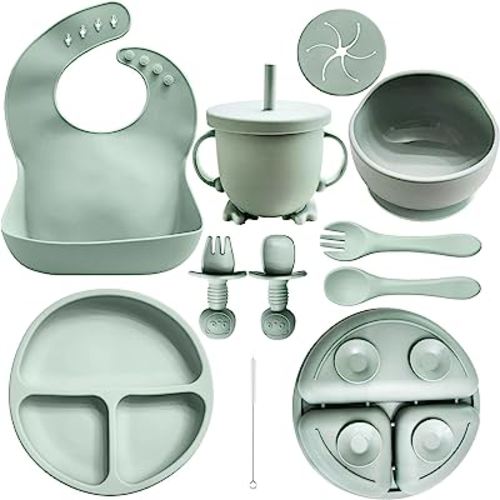 Baby Led Weaning Supplies, 10pc Set (Army Green) [Silicone Feeding Set: Plate, Bowl, Adjustable Bib, Sippy Cup, Spoons, Forks]