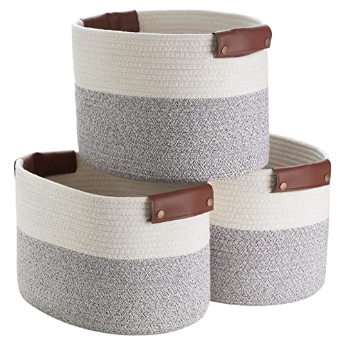 Organizix 3 Pack Woven Cotton Rope Shelf Storage Basket with Leather Handles, Baby Nursery Storage Bin Organizers, Closet Shelf Storage - 15 x 10 x 9, White/Natural