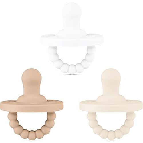 Ryan & Rose Cutie PAT All-in-One Pacifier and Teether Massaging Teething Ring and Hideaway Binky for Growing Babies (Canvas (3 Pack), Flat)