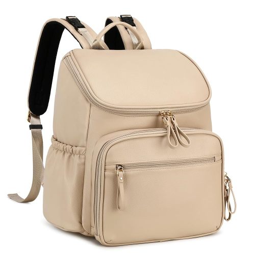 Large Capacity Diaper Bag with Stroller Buckle, Water-Resistant Travel Backpack with Insulated Pockets (Classic, Beige)