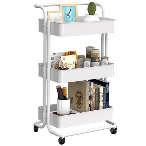 EZ COZY 3-Tier Rolling Cart, Heavy Duty Metal Diaper Cart with Wheels, Utility Rolling Storage Cart Organizer, Easy Assemble Storage Trolley for Kitchen, Bathroom, Office