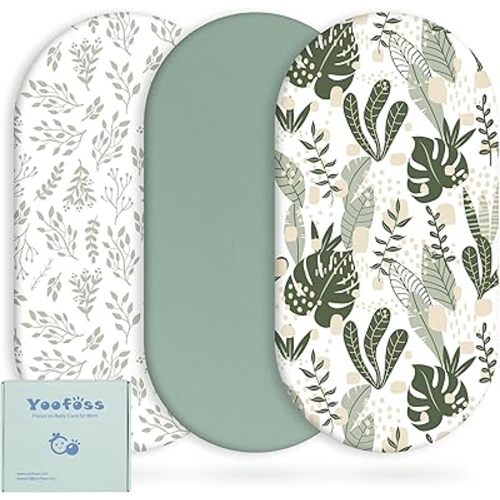 Yoofoss Bassinet Sheets Baby Girl Boy, Fitted Bassinet Sheet Set 3 Pack Universal Fit for Cradle Moses Basket Oval Rectangle Round Hourglass Mattress,Soft Breathable (Green+Leaf)
