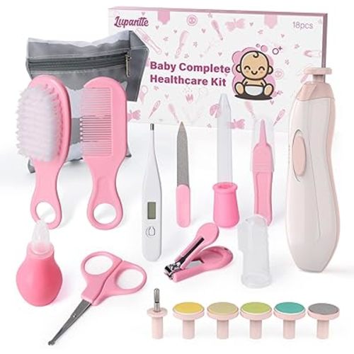 Baby Healthcare and Grooming Kit 18 in 1 Baby Electric Nail Trimmer Set Lupantte Nursery Care Kit, Toddler Nail Clippers, Medicine Dispenser, Infant Comb, Brush, etc. Baby Registry Gift