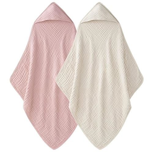 Hooded Baby Towels 100% Muslin Cotton Baby Bath Towels with Hood 2 Pack Baby Towels for Newborn, Infant, Toddler, Kids, Large 32x32Inches, Soft and Absorbent Newborn Essential Apricot&Pink - Apricot and Pink - 32x32 Inch