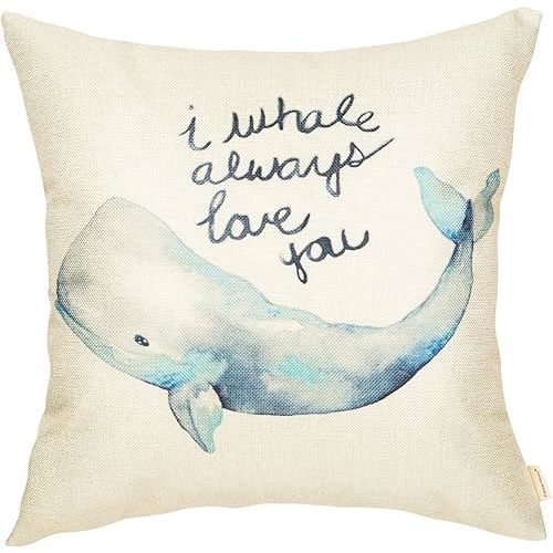 Fahrendom Watercolor I Whale Always Love You Cute Lover Decoration Nursery Sign Décor Cotton Linen Home Decorative Throw Pillow Case Cushion Cover with Words for Sofa Couch 18x18 Inches