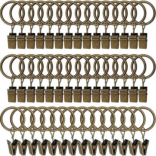 44 Pack Curtain Rings with Clips, Curtain Clip Rings Hooks, Bow Hanger Clips for Hanging Drapery Drapes Bows, Ring 1 inch Interior Diameter, Fits up to 5/8" Rod, Bronze