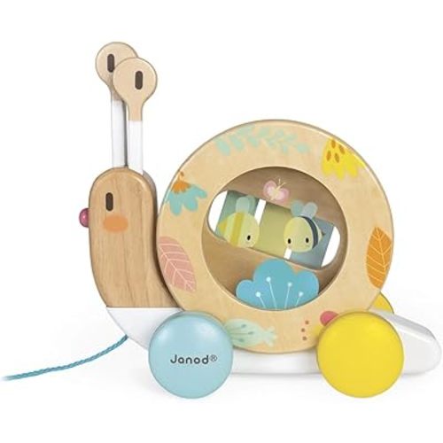 Janod Pure Pull Along Snail - Wooden 2-in1 Musical Toy - Ages 1+ - J05159