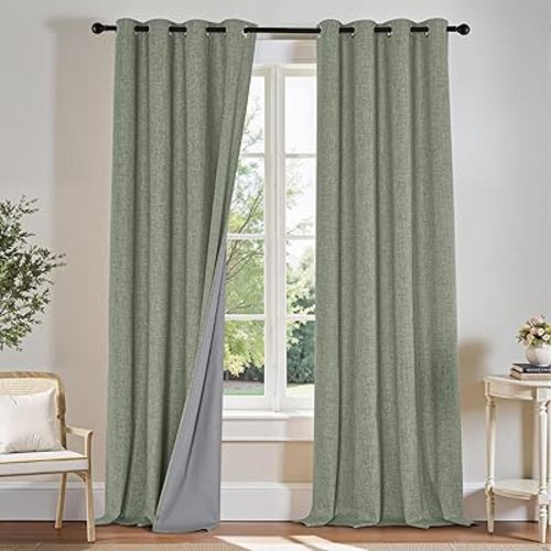 PONY DANCE Sage Green 100% Blackout Linen Curtains for Bedroom 84 Inches Long, Thermal Insulated Grommet Curtain for Living Room, Noise Reducing Window Treatment Drapes 2 Panels Set, 52" W x 84" L