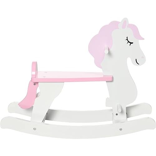 Qaba Wooden Rocking Horse, Baby Rocking Chair, for Toddlers 1-3, Kids Ride on Horse for Boys and Girls, Pink and White