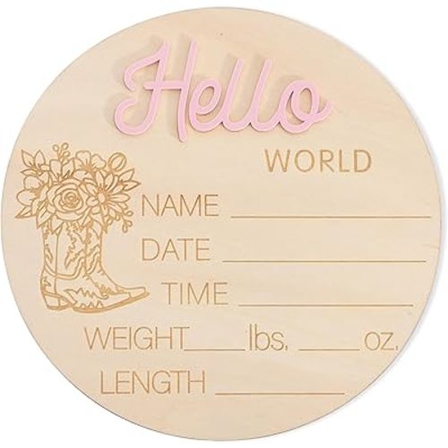 Western Cowboy Cowgirl Hello World - Hello World Baby Announcement Sign,Newborn Birth Announcement Sign for Hospital,Gender Neutral (Pink)