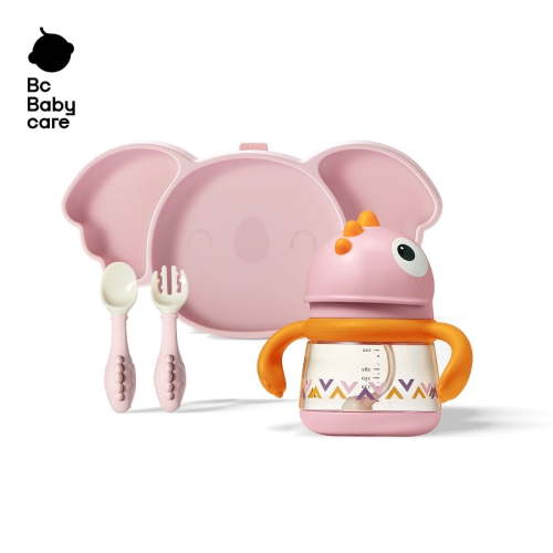 BC Babycare Baby Pink Koala & Dinosaur Mealtime Sets, Plate Set, Include Spoon, Fork and 5oz Dinosaur Cup, Divided Design for Picky Eaters, Microwave & Dishwasher Safe
