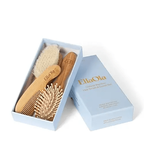 EllaOla Baby Natural Bamboo Hair Brush and Comb Set | 3 Piece Set Includes Ultra Soft Bristle Goat Wool Cradle Cap Brush, Massage Hair Brush, and Rounded Bamboo Comb for Toddlers, Newborns & Infants