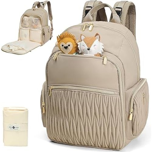 miss fong Diaper Bag Backpack - Baby Diaper Bag with Diaper Changing Pad Quilted Travel Diaper Backpack with 16 Pockets Waterproof Mommy Bag Large Baby Bag Baby Shower Gifts for Mom & Dad-Khaki
