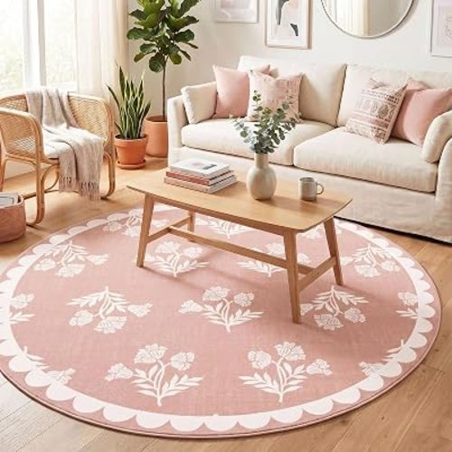 Pink Round Rugs 6ft - Soft Washable Boho Floral Bedroom Circle Rug
