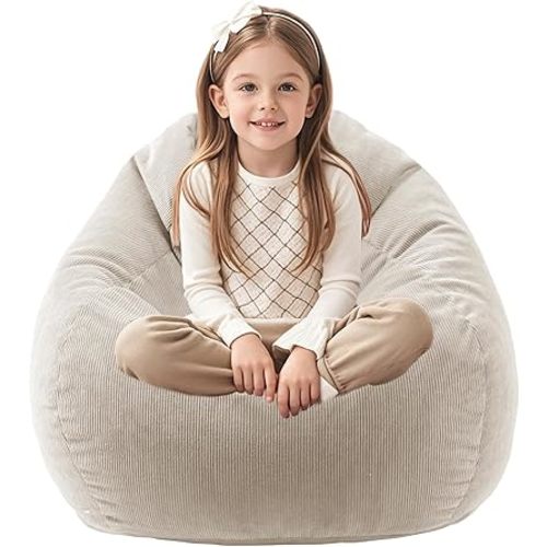LPMOERA 3FT Bean Bag Chairs for Kids/Teens with Memory Foam Filling Bean Bag Sofa with Handle Ultra Soft Washable Corduroy Fabric Lazy Sofa for Living Room Bedroom College Dorm Cream White