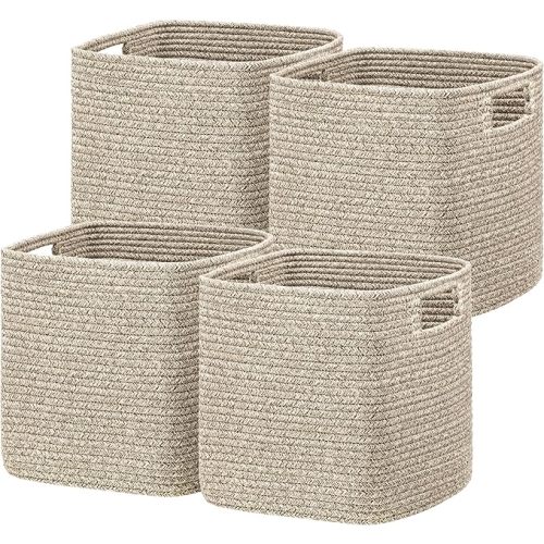 UBBCARE Set of 4 Storage Basket-13 X 13 X 13 in, Cotton Rope Baskets for Shelves, Toys, Book, Cube Storage Bins with Handles, Woven Storage Basket for Organizing, Mix-Brown
