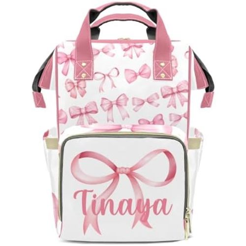 Bow Large Capacity Custom Diaper Bag for Baby Girls Boys with Name Multifunctional Mom Personalized Diaper Bag Backpack Waterproof Women Customized Daypack Nappy Bag