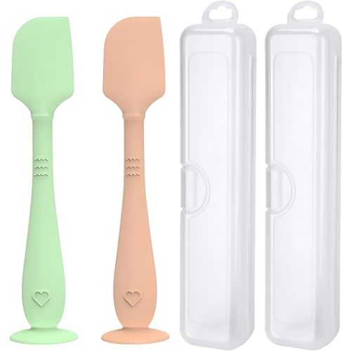 2 Pack Diaper Cream Spatula with Hygienic Travel Case, Butt Spatula Baby with Suction Base, Baby Butt Paste Spatula, Soft Silicone Diaper Rash Cream Applicator Large Size (Green & Brown)