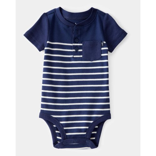 Baby Ribbed Striped Button Down Short-Sleeve Bodysuit - Navy - OshKosh | Carter's