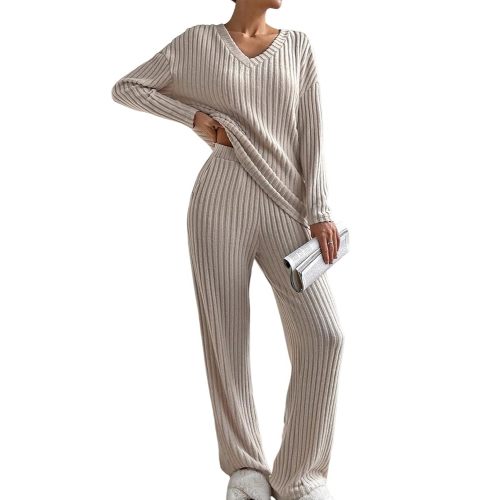 SHEWIN Women's Pajama Sets Long Sleeve Short Sleeve 2 Piece Lounge Sets Ribbed Knit Sweater Sleepwear