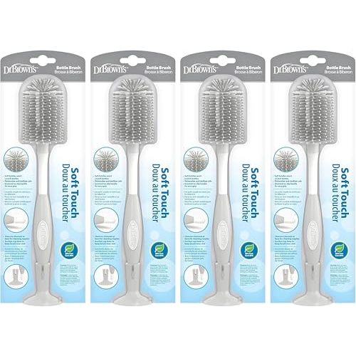 Dr. Brown's Soft Touch No Scratch Baby Bottle Cleaning Brush, Nipple Cleaner & Suction Cup Base for Easy Storage, BPA Free, Gray (Pack of 4)