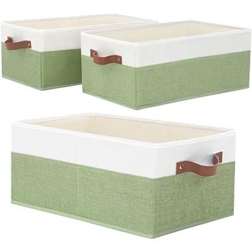 3 Pack Large Capacity Storage Bins Closet Organizer for Shelves, Fabric Closet Storage Baskets Boxes with Leather Handles for Organizing Clothes, Sheets, Jeans, Toys, Books (Green)