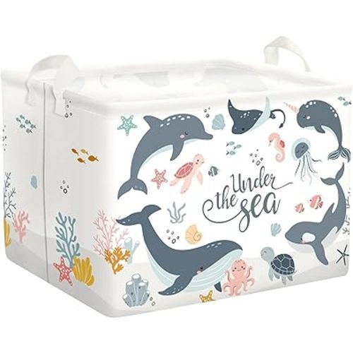 Sea Animals Baby Laundry Hamper Collapsible Clothes Kids Storage Basket Large Boys Girls Gift Toy Box Bin for Nursery Room, Blue Dolphins, 36L