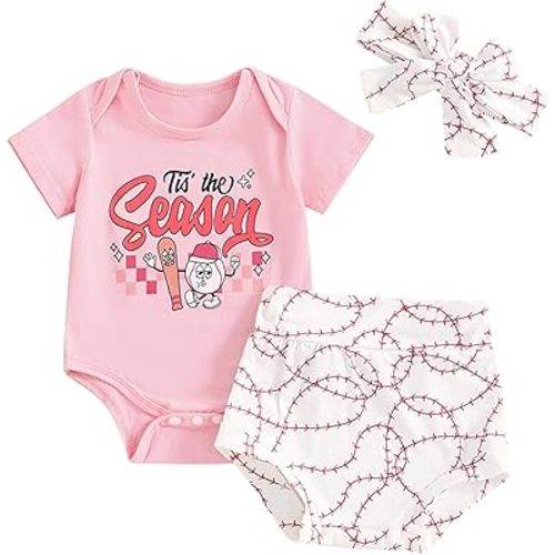 Baby Girl Baseball Outfits Letter Print Short Sleeve Romper Baseball Bummie Shorts Headband Set 3Pcs Summer Outfits