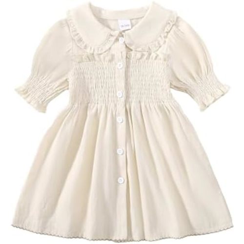 Baby Toddler Girls Dress Short Sleeve Vintage Peter Pan Collar Summer Casual Mini Cotton Linen Dresses