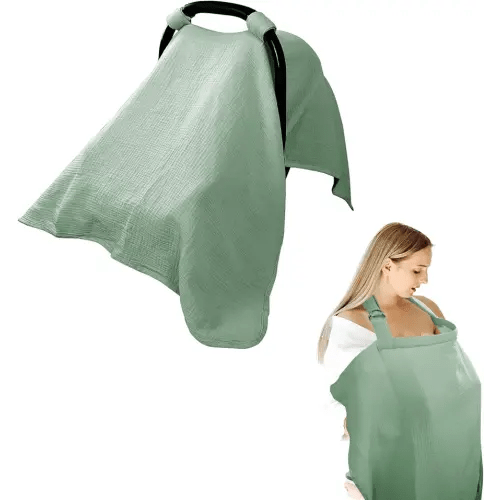 Hooyax 2-in-1 Baby Car Seat Cover & Nursing Cover, 100% Muslin Cotton, Breathable Car Seat Canopy and Privacy Breastfeeding Cover, Green