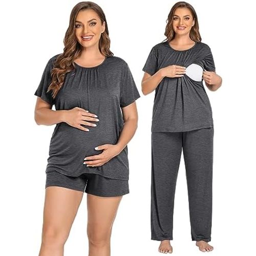 SWOMOG Women 3Pcs Maternity Pajama Set Nursing Pjs Pregnancy Set Breastfeeding Pjs Double Layer with Pockets