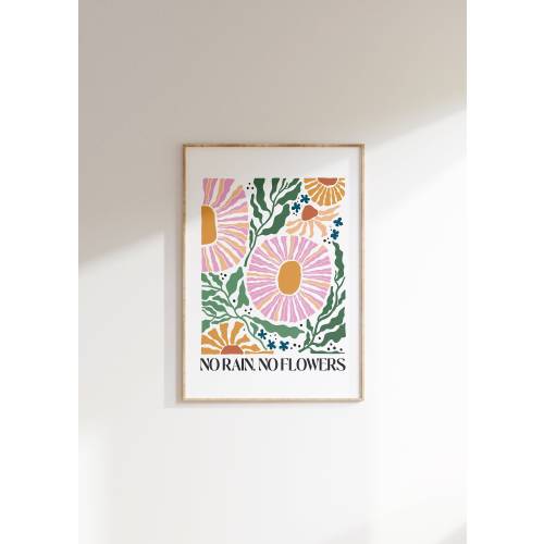 Boho Floral Poster, No Rain No Flower, Colorful Botanical Wall Art, Motivational Quote, Indie Room Decor, Flower Market Print, Danish Pastel