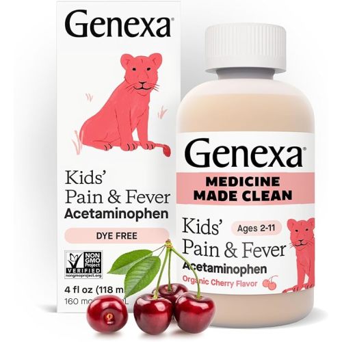 Genexa Children's Clean Acetaminophen | Pediatrician Preferred Ingredients | Pain & Fever Reducer for Kids | Dye Free, 0% Artificial Additives | Ages 2-11, Delicious Organic Cherry Liquid, 4 fl oz