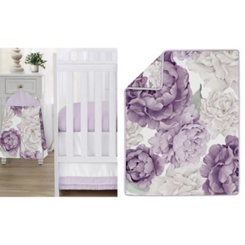 Sweet Jojo Designs Girl Baby Crib Bedding Set - Peony Floral Garden Purple Ivory 4pc