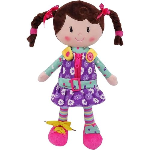 Sugar Snap Plush Doll for Toddlers Learn to Dress Montessori Toy - Dress Me Doll - Zipper, Snaps, Buttons, Buckle - Educational Toy for 2 3 Year Old Girl - Montessori Doll - 15" - Purple Dress