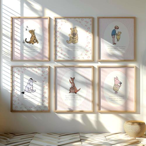 Classic Winnie the pooh baby nursery wall art set of 6 digital download Winny the pooh decor printable Cottagecore pink gingham girls quotes