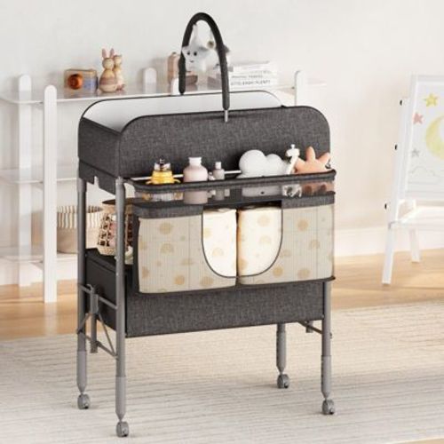 Adjustable Height Baby Changing Table with Wheels, Collapsible Diaper Station with 2 Drawers & Storage, Mobile Nursery Organizer with Waterproof Top