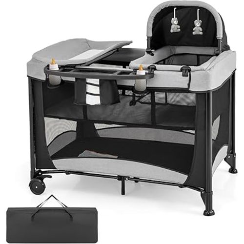 HONEY JOY Pack and Play with Bassinet, 5 in 1 Portable Baby Playard w/Changing Table, Removable Infant Full-Size Bassinet & Mattress, Diaper Storage Bag, Foldable Newborn Nursery Center w/Carry Bag