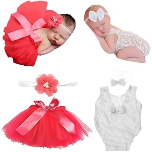 4 PCS Newborn Photography Props Outfits-BabyTutu Skirt Cute Bow Headdress and Lace Rompers Flower Headband Sets for Infants Girl Boy Red