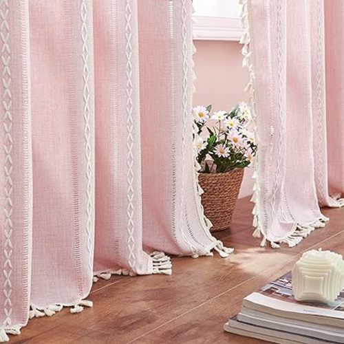 Linen Boho Curtains Cute Embroidered Pink Curtains for Girls Bedroom Nursery Room 84 Inches Long 2 Panels Light filtering Farmhouse Curtains for Living Room Rod Pocket Drapes (52" W x 84" L,Pink)