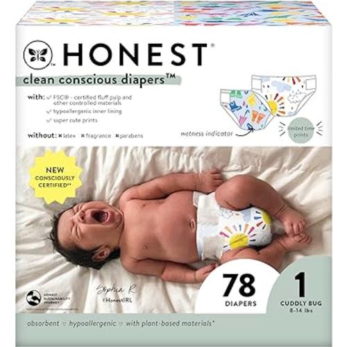 The Honest Company Clean Conscious Diapers | Plant-Based, Sustainable | Limited Edition Prints | Club Box, Size 1 (8-14 lbs), 78 Count