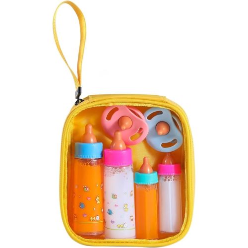 Baby Doll Bottle Accessories - 6 Pcs Feeding Bottle Toys, Magic Disappearing Milk & Juice, Pretend Play Set with Pacifiers Kids Gift Yellow